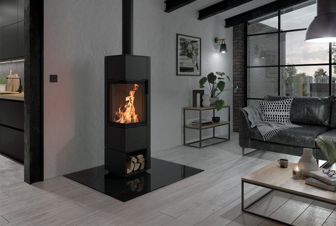 <b style="font-size:18px;">Freistehender Kaminofen</b><br> <br> (Herstellerspezifischer Form und Ausführung wird mit einem Abgasrohr an den nötigen Schornstein angeschlossen)